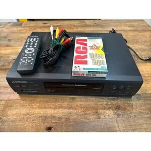 Mitsubishi HS-U747 S-VHS Hi-Fi VCR + Remote, AV Cables & 1 Blank Tape — Tested